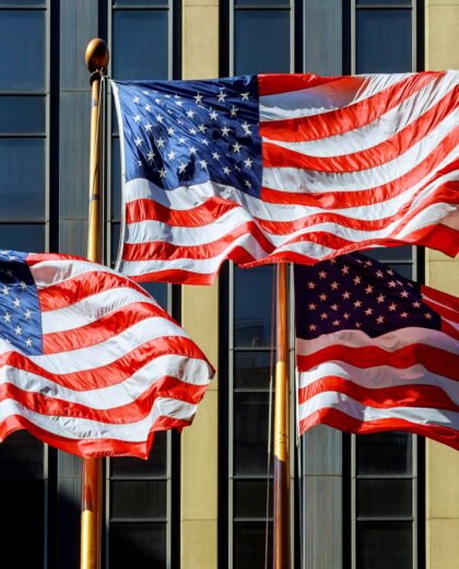 Patriotic American flag in front of skyscrapers, reflections, american flag NY USA
